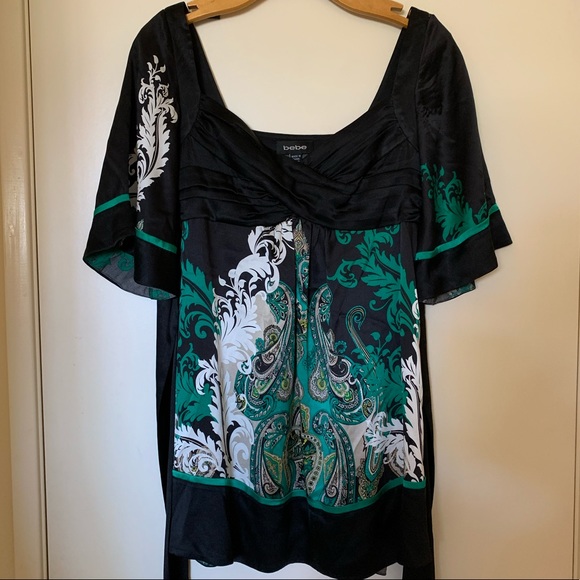 bebe 100% silk, black and green Kimono Dress. XXS - Picture 2 of 8